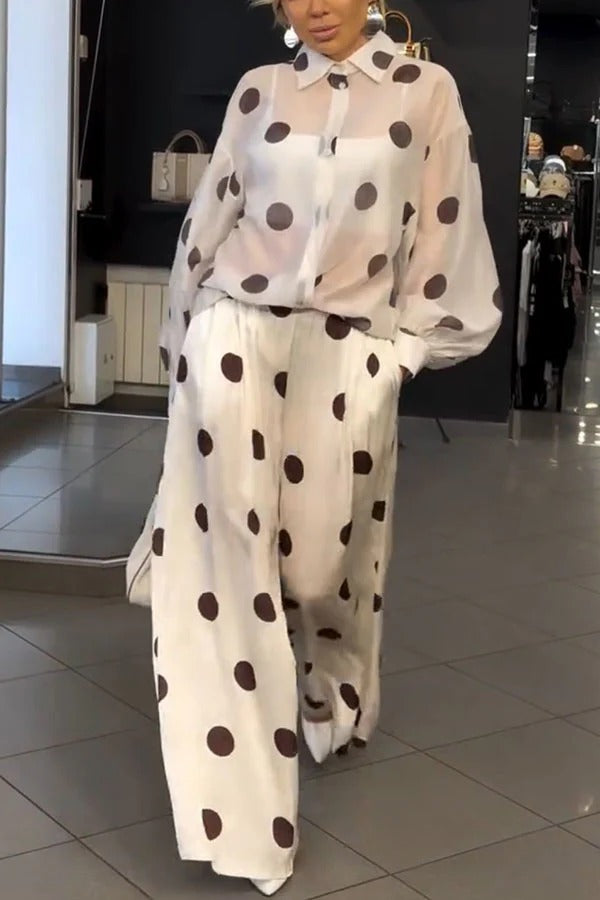 Grazia Polka Dot Sheer Long Balloon Sleeve Shirt and Elastic Waist Pocket Wide Leg Pants Set