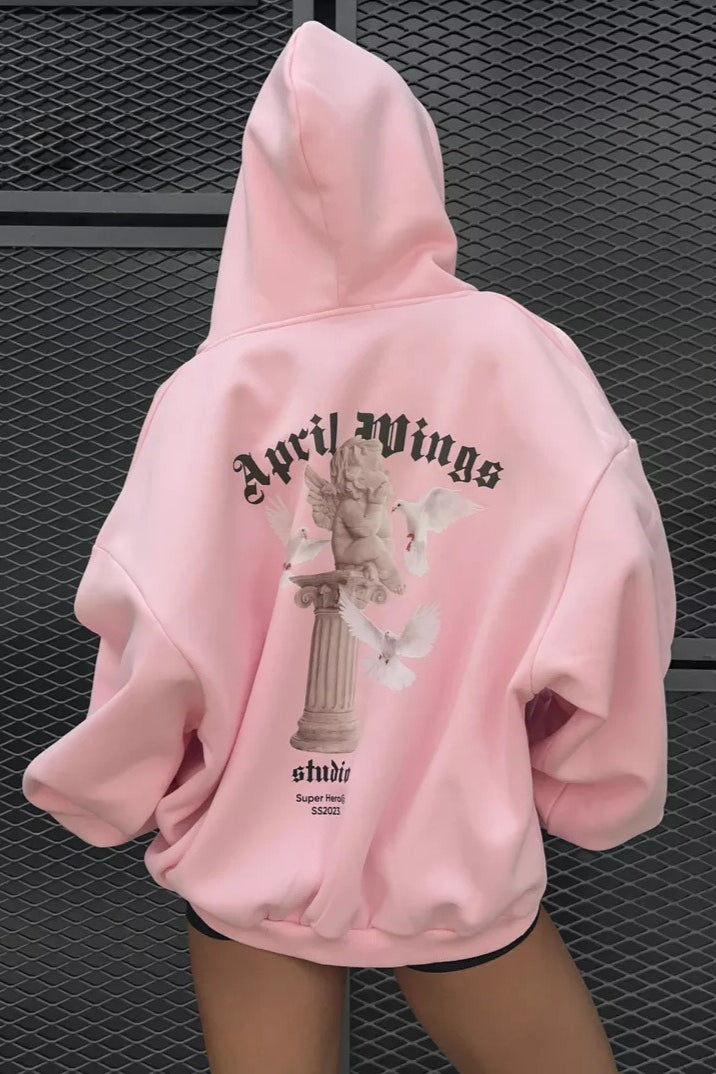 Retro Angel Dove Back Print Zip Hoodie