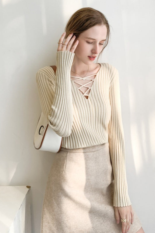 Slim Fit Lace Up V Neck Sweater