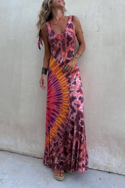 Boho Happiness Tie-dye Print Back Lace-up Stretch Maxi Dress (With built-in bra)
