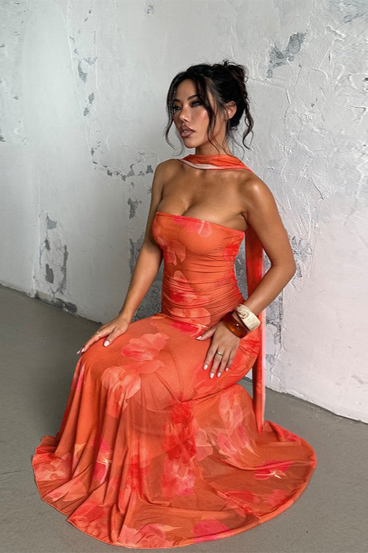 Sexy Strapless Mesh Tie Detail Maxi Floral Dress