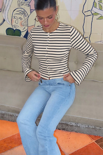 Striped Crew Neck Button Long Sleeve Tee
