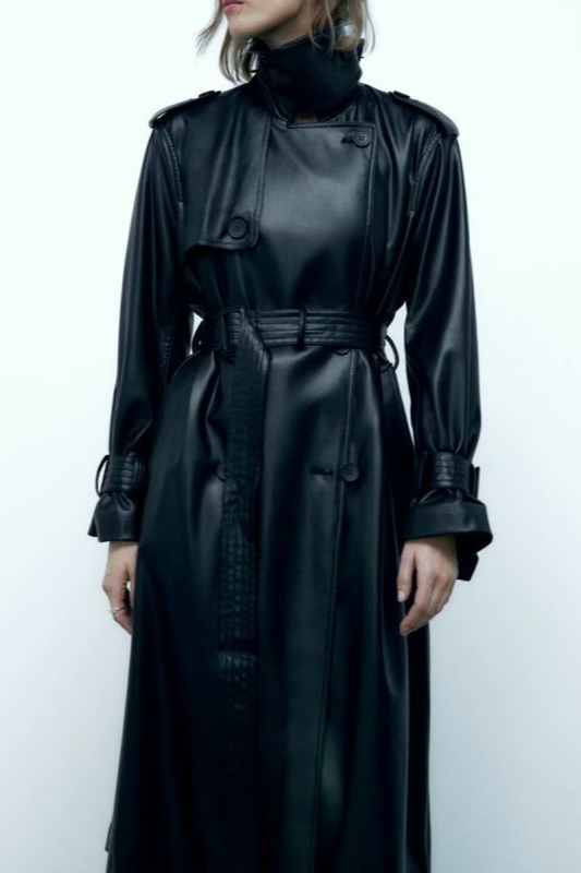 Belted Black Long Faux Leather Casual Versatile Overcoat