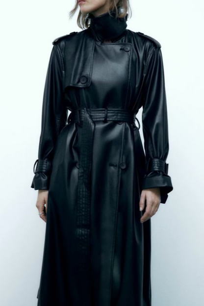 Belted Black Long Faux Leather Casual Versatile Overcoat