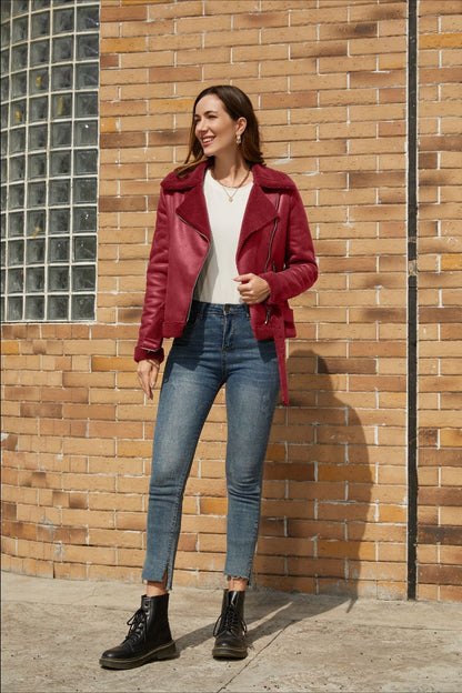 Shearling Lined Belted Suede Jacket