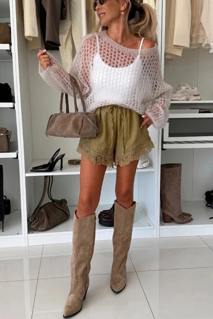 Lightweight and Soft Knit Cutout Wide Neck Balloon Sleeve Relaxed Sweater