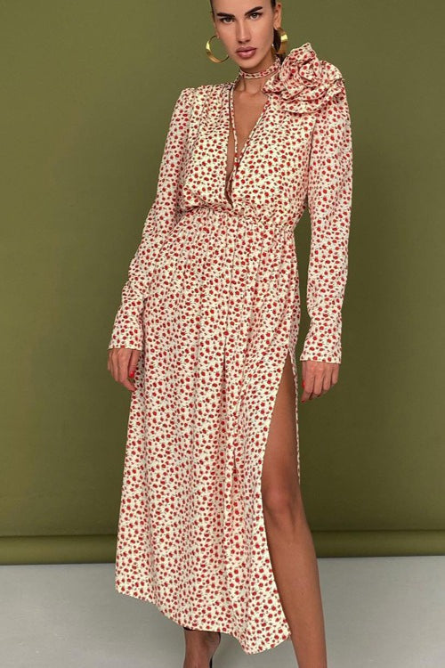 Side Slit Deep V Neck Tie Waist Floral Maxi Dress