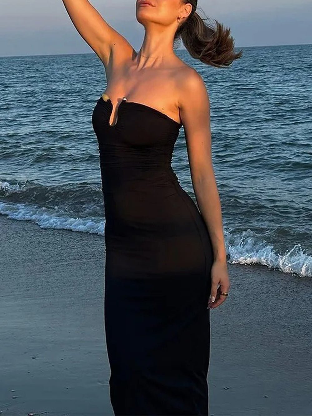 Strapless Keyhole Cut Out Ruched Bodycon Maxi Dress