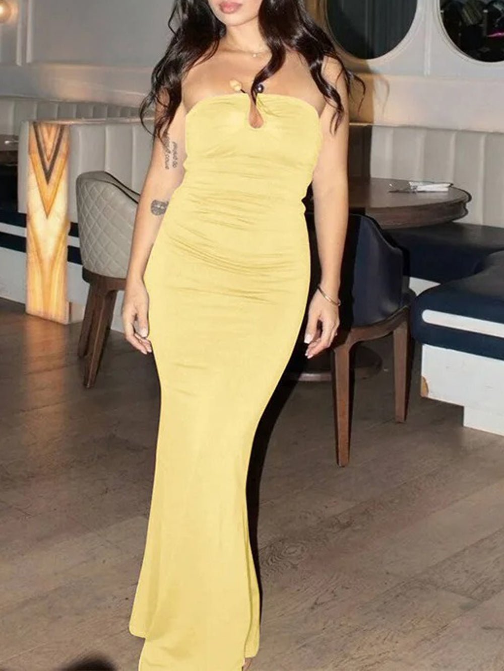 Strapless Keyhole Cut Out Ruched Bodycon Maxi Dress