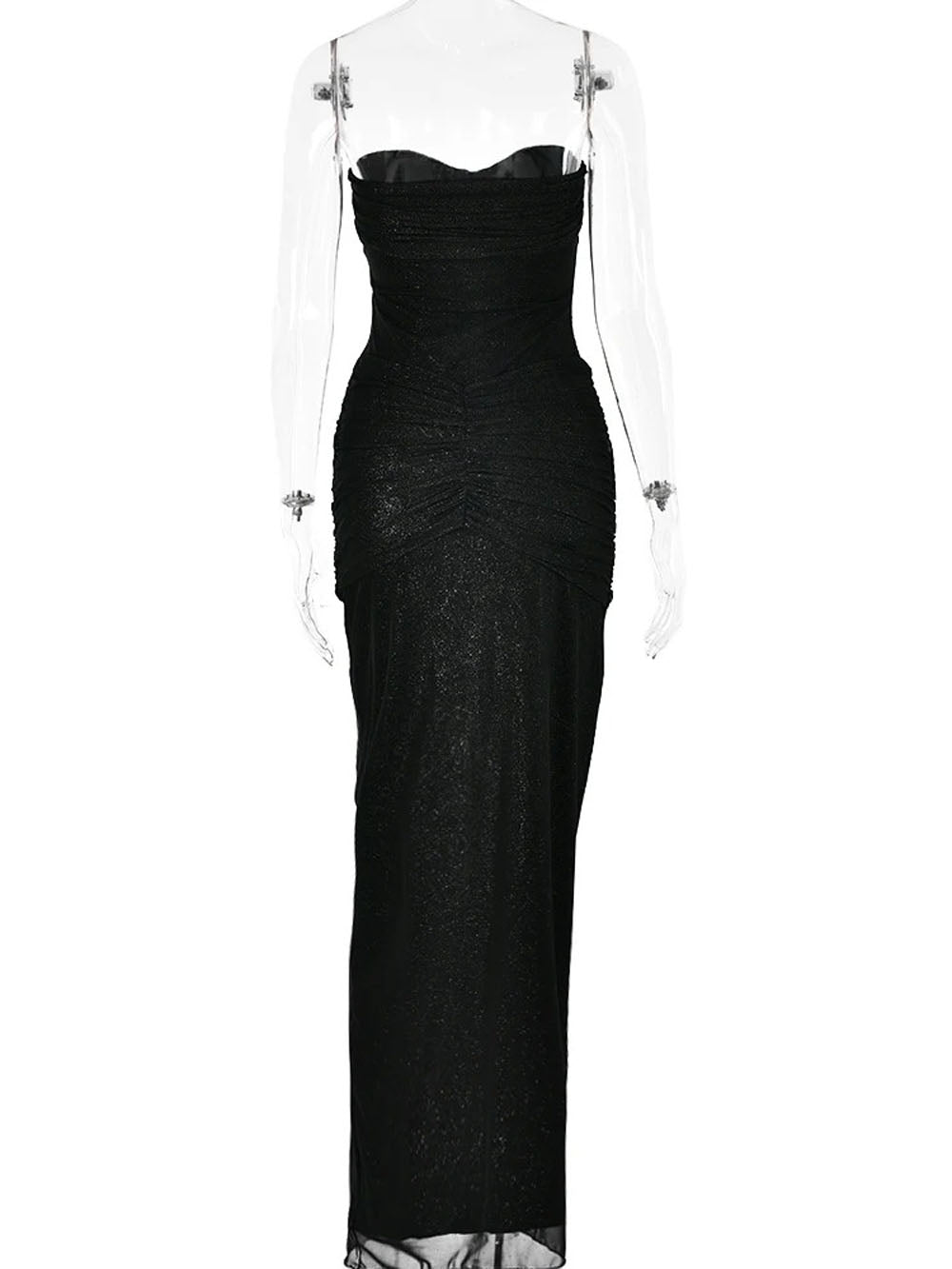 Glitter Mesh Strapless Sweetheart Twist Front Ruched Knot Maxi Dress
