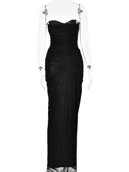 Glitter Mesh Strapless Sweetheart Twist Front Ruched Knot Maxi Dress
