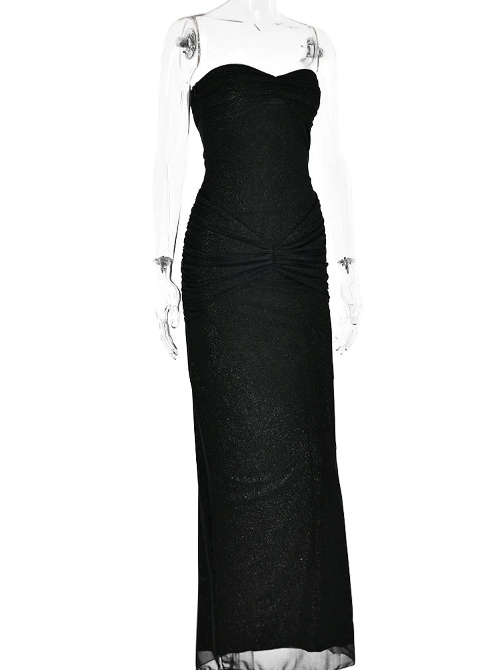 Glitter Mesh Strapless Sweetheart Twist Front Ruched Knot Maxi Dress