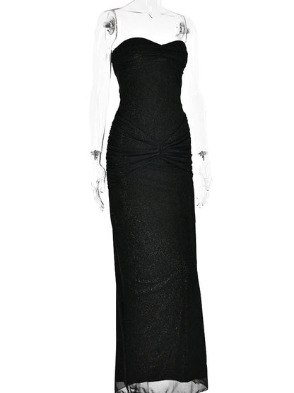 Glitter Mesh Strapless Sweetheart Twist Front Ruched Knot Maxi Dress