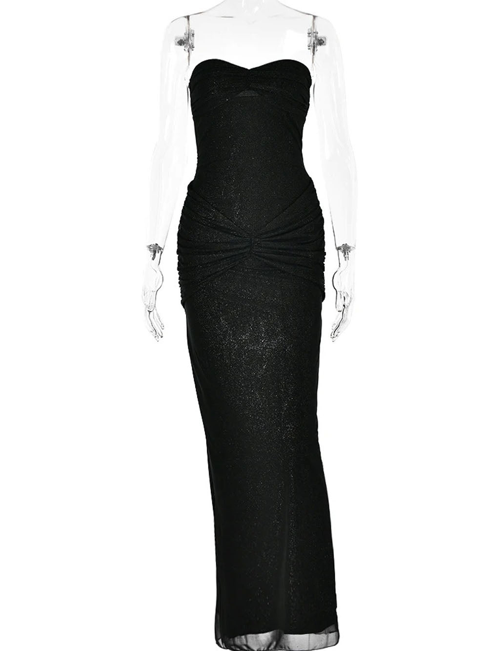 Glitter Mesh Strapless Sweetheart Twist Front Ruched Knot Maxi Dress