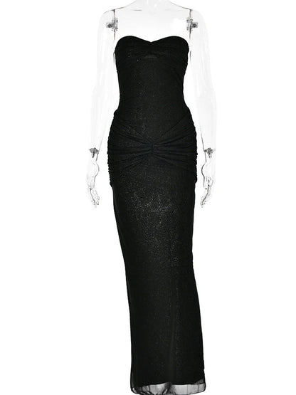 Glitter Mesh Strapless Sweetheart Twist Front Ruched Knot Maxi Dress