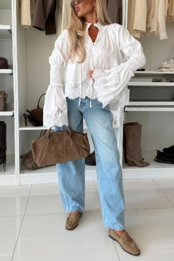 Court Style Lace Trim Stand Neck Balloon Sleeve Cape Blouse