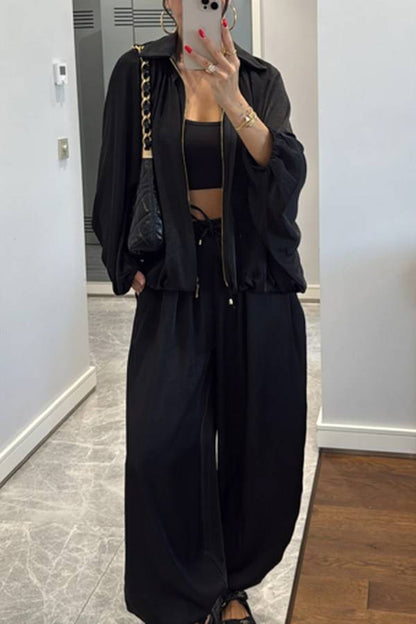 Satin Collar Puff Sleeve Drawstring Jogger Pants Two Piece Lazy Co-Ord Set