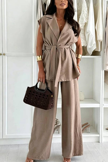 Darla Linen Blend Sleeveless Tie-up Lapel Top and Elastic Waist Wide Leg Pants Set