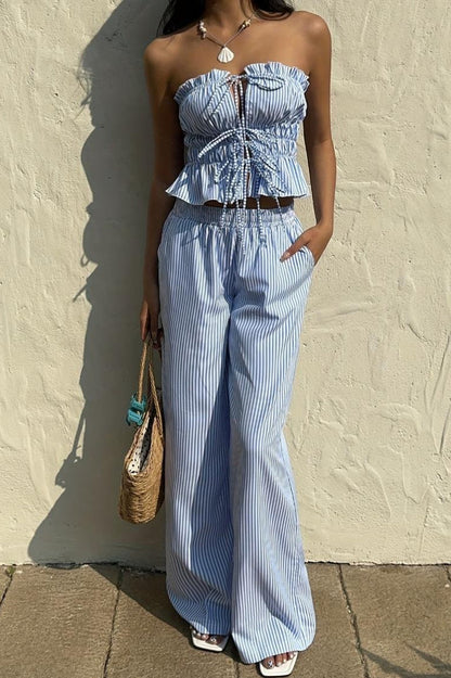 Striped Tie Front Tube Top Pants Set