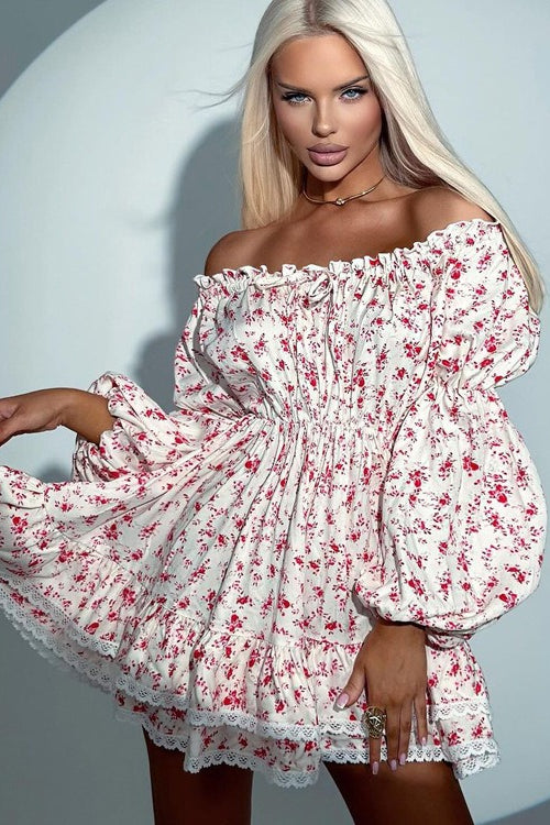 Off Shoulder Puff Sleeve Ruched Waist A Line Floral Dress