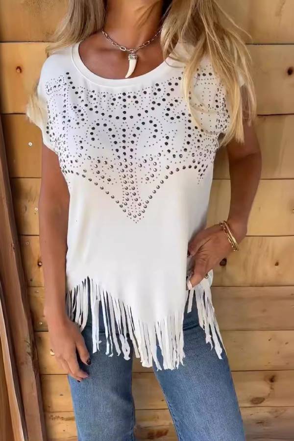 Rhinestone Fringe Crew Neck Short Sleeve T-Shirt