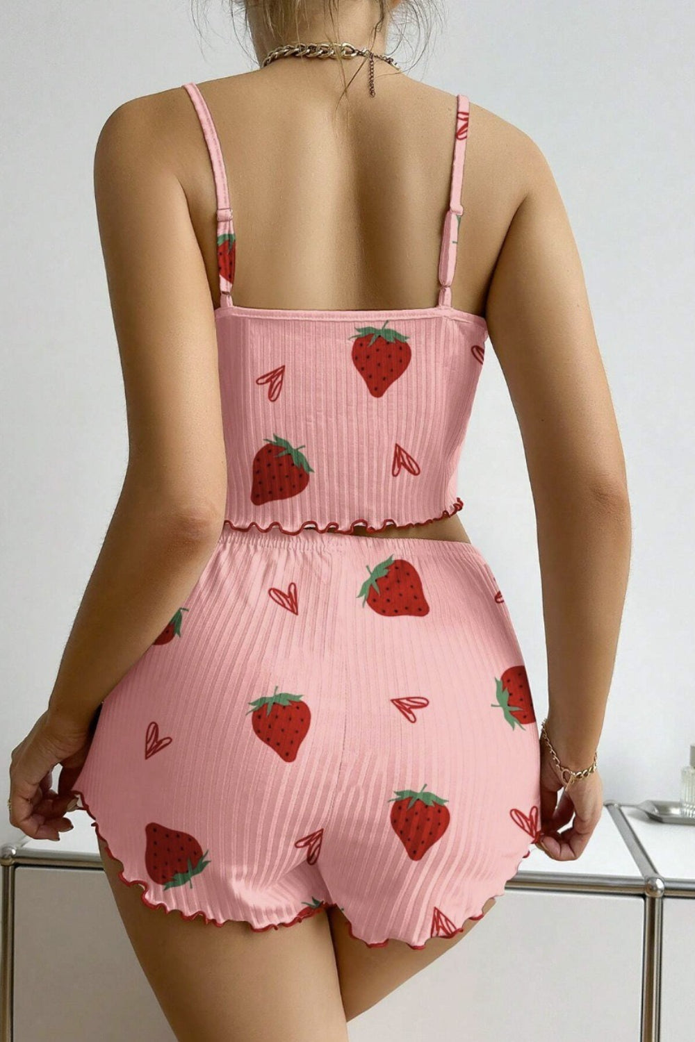 Heart Pattern Ribbed Cami Top Pajama Shorts Set