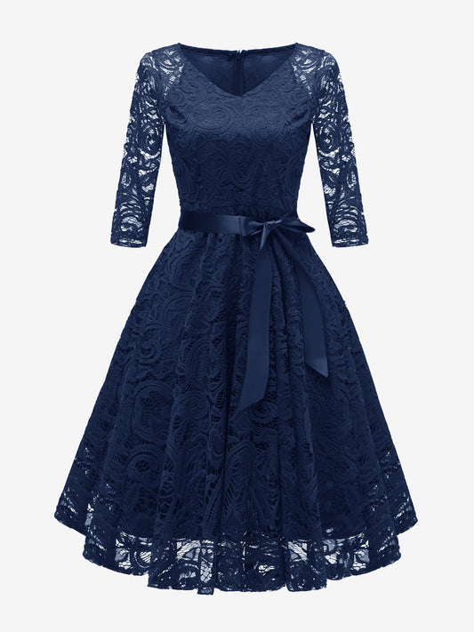 Vintage Lace Swing Dress for Women - 1950s V Neck 3/4 Sleeve Belted A-Line Midi Dress - Spring Wedding Guest 2026
