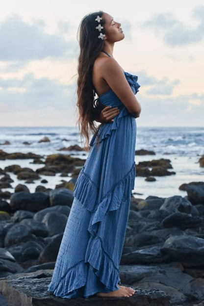 Solid Backless Ruffle Patchwork Boho Dress