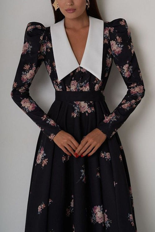Flared Vintage Print Slim Waist Floral Maxi Dress