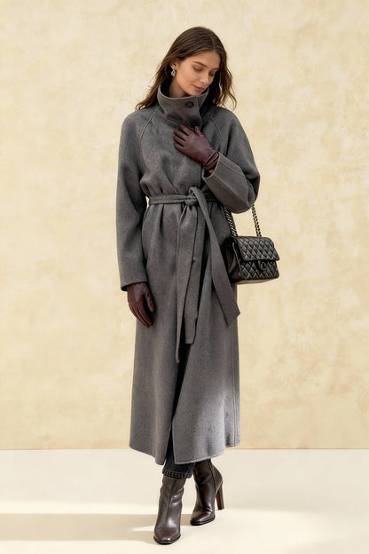 Grey High Collar Long Woolen Coat