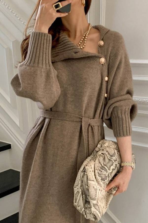 Diagonal‑Button Turtleneck Waist‑Tie Knit Midi Dress