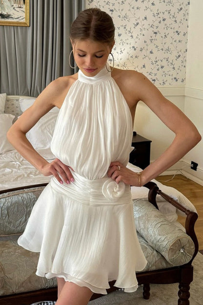 Halter Neck Ruched Waist Rosette Ruffle Chiffon Mini Dress