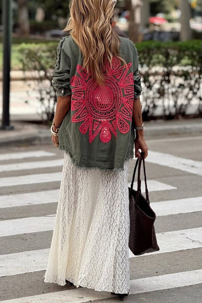 Khaki Green Denim Overshirt with Pink Crochet Mandala