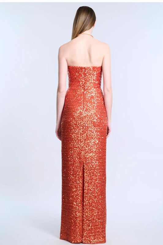 Elegant Sequin Strapless Deep V Waist Tie Long Formal Dress
