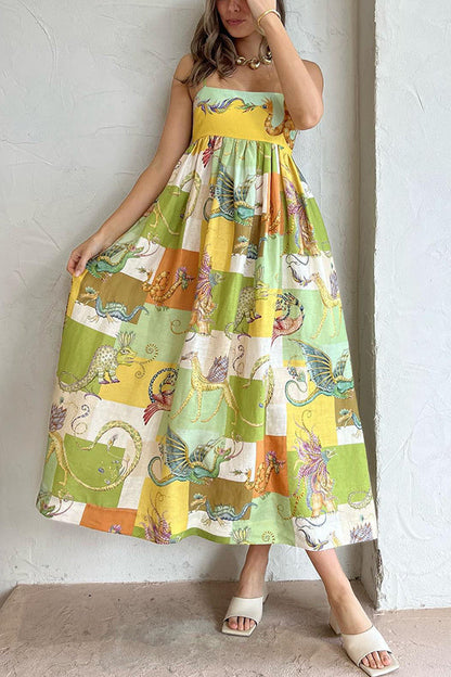 Dragon Print Patchwork Grid Empire Waist Pocketed Maxi Dress