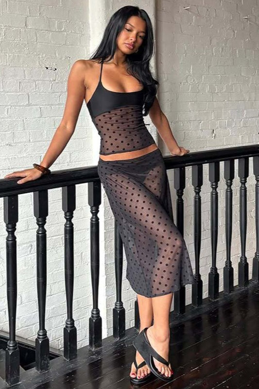 Polka Dot Mesh Halter Sheer Midi Skirt Set