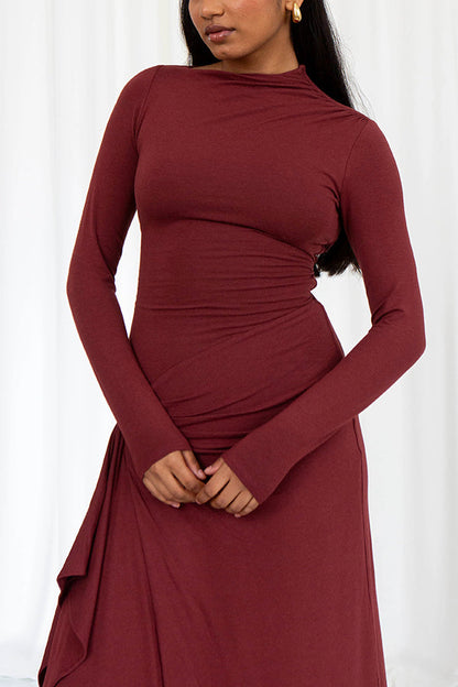 Long Sleeve Crew Neck Side Ruched Cascading Drape Panel Maxi Dress