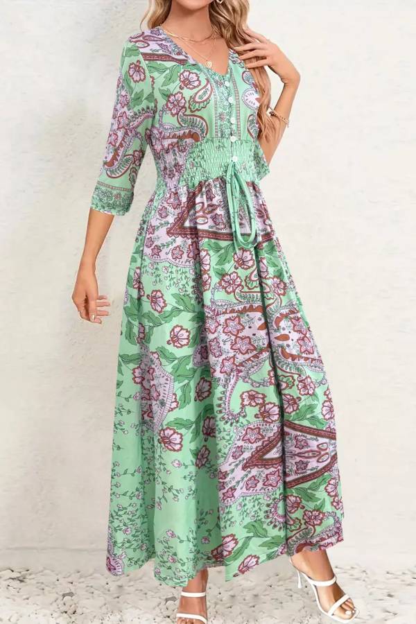 Smocked Printed Half Sleeve Dress