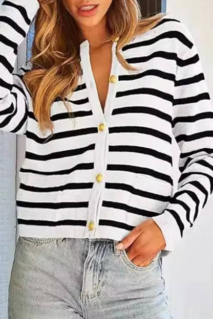 Casual Daily Stripe Buttons Weave O Neck Outerwear