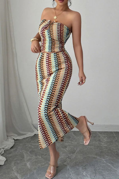 Playful Colorful Knitted Sexy Tube Top and Elegant Back Slit Midi Skirt Set