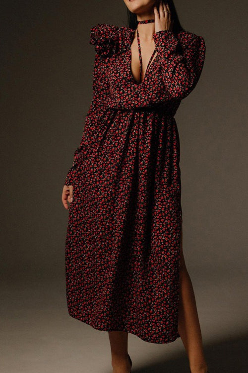 Side Slit Deep V Neck Tie Waist Floral Maxi Dress