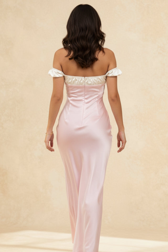 Pink Satin Ruched Charming Contrast Sleeve Dress