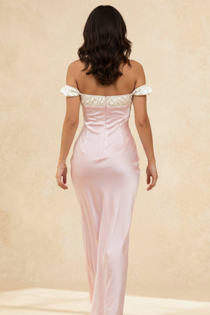 Pink Satin Ruched Charming Contrast Sleeve Dress