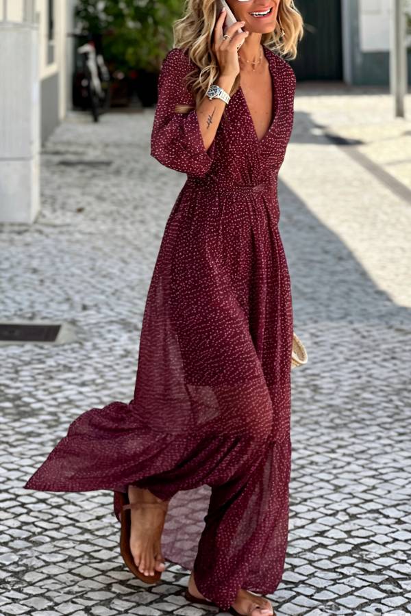 Burgundy Polka Dot V‑Neck Waisted Ruffle Maxi Dress
