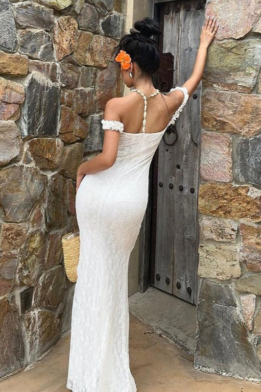 Lace Off Shoulder Ruffle Sleeve Sweetheart Neck Column Maxi Dress