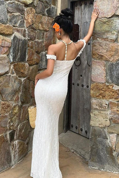 Lace Off Shoulder Ruffle Sleeve Sweetheart Neck Column Maxi Dress