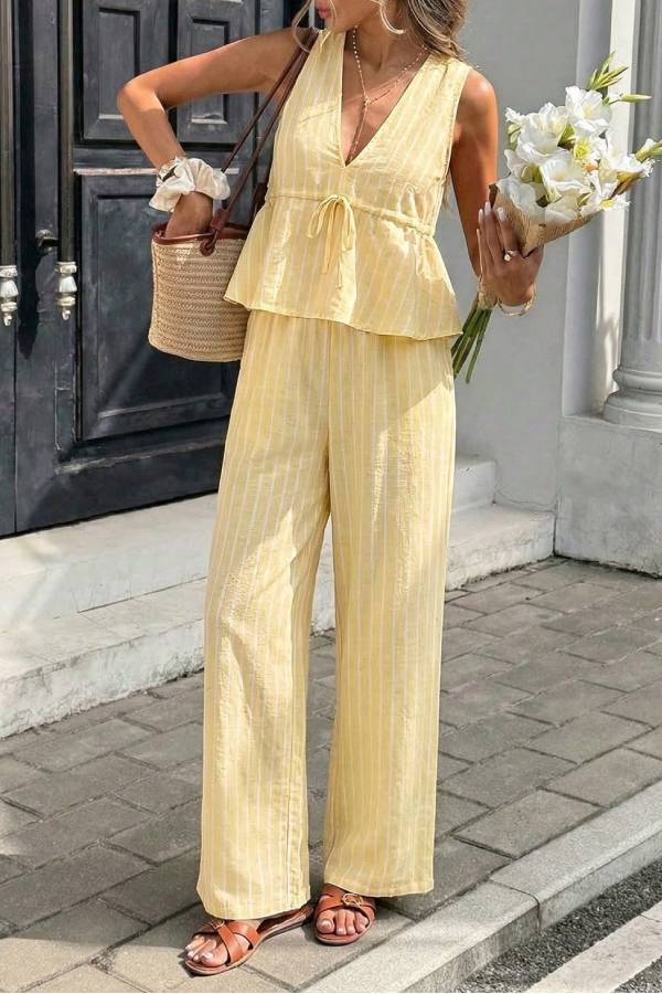 Resort Striped V-Neck Waisted Sleeveless Top & Wide-Leg Pants Set