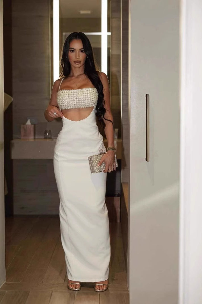Backless Spaghetti Strap Ruched Knit Maxi Sequin Dress