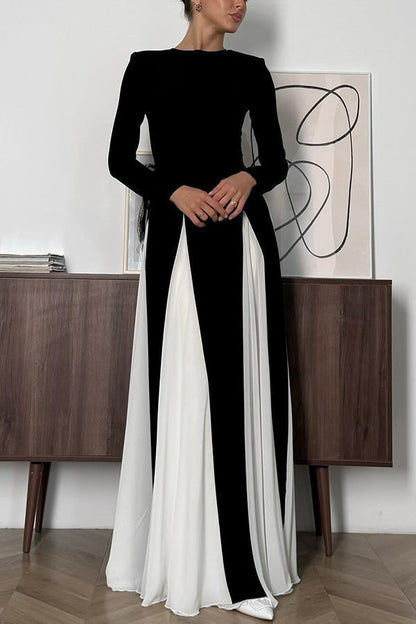 Long Sleeve Crew Neck Paneled Pleated Godet A-Line Maxi Dress