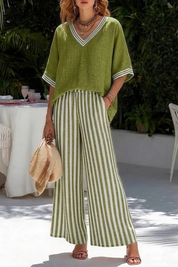 Textured Linen V-Neck Striped Wide-Leg Pants Vacation Set
